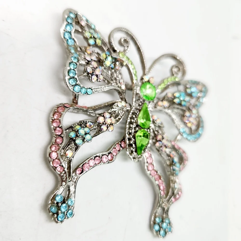 Vtg Large Silver Tone Pastel AB Rhinestone Crystal Butterfly Insect Brooch Pin - Picture 2 of 6